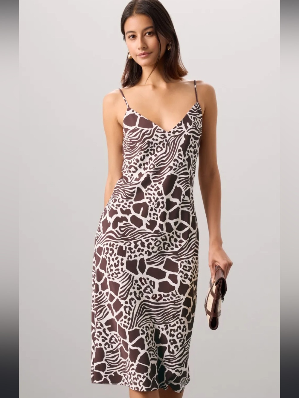 Adam Lippes Brown & White Animal-Print Midi Slip Dress